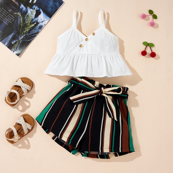 

Toddler Girls Ruffle Hem Cami Top With Belted Shorts, Multicolor