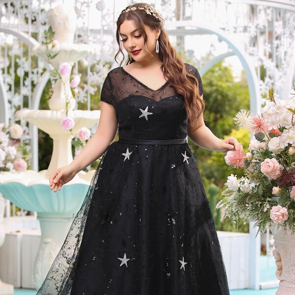 

Plus V Neck Sequin Mesh A-line Dress, Black