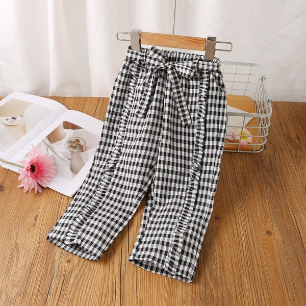 

Toddler Girls Gingham Ruffle Trimed Pants, Black and white