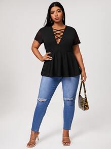 SHEIN Privé Plus Plunging Neck Criss Cross Front Babydoll Tee - Black - View 3