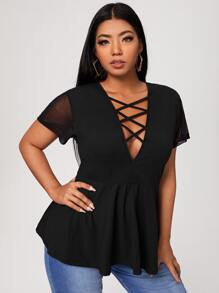 SHEIN Privé Plus Plunging Neck Criss Cross Front Babydoll Tee - Black - View 4