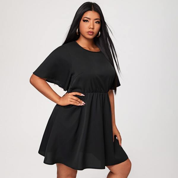 

Plus Solid Butterfly Sleeve A-line Dress, Black