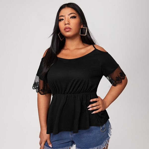 

Plus Contrast Lace Cold Shoulder Top, Black