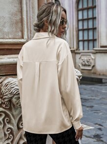 SHEIN LUNE 纯色前纽扣落肩衬衫 - 米色 - 查看 2