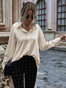 SHEIN LUNE 纯色前纽扣落肩衬衫 - 米色 - 查看 4