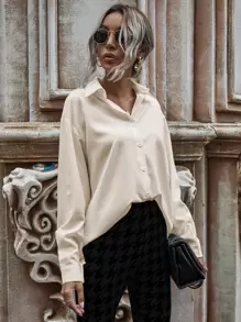 SHEIN LUNE 纯色前纽扣落肩衬衫 - 米色 - 查看 5