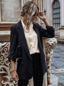 SHEIN LUNE 纯色前纽扣落肩衬衫 - 米色 - 查看 6