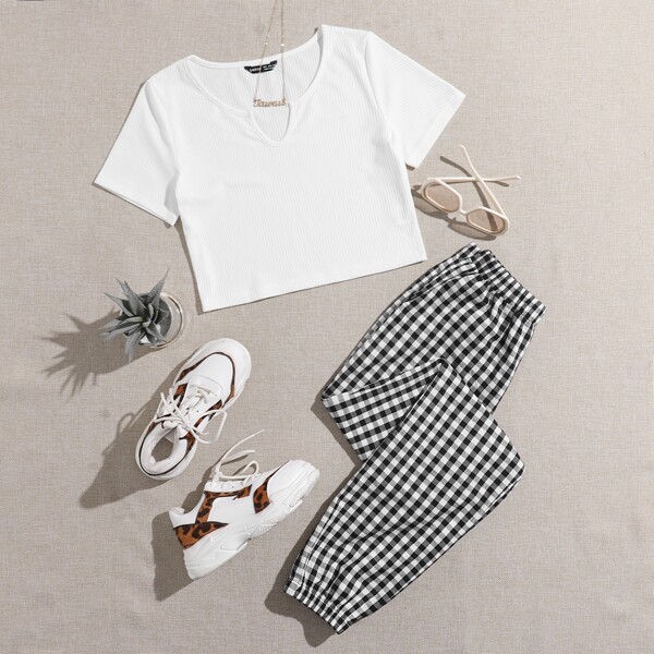 

Notched Neck Crop Tee With Gingham Print Pants, Black and white