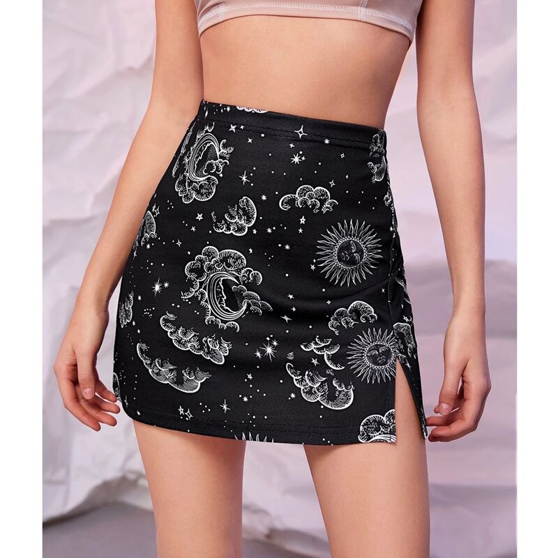 

Graphic Print Split Hem Skirt, Black