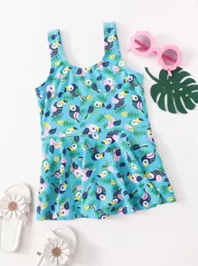 Baby Girl Bird Pattern One Piece Swimsuit - Multicolor - View 1