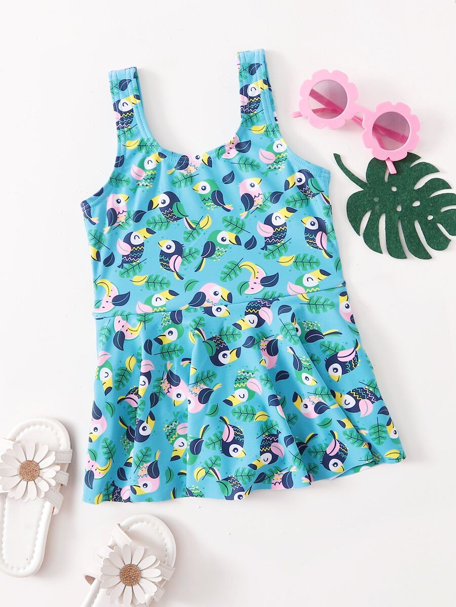 Baby Girl Bird Pattern One Piece Swimsuit - Multicolor - View 1