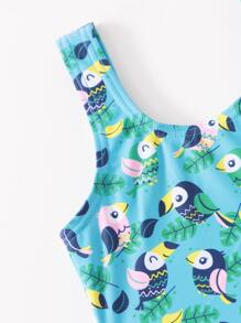 Baby Girl Bird Pattern One Piece Swimsuit - Multicolor - View 4