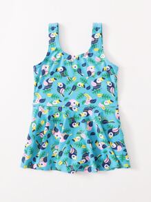 Baby Girl Bird Pattern One Piece Swimsuit - Multicolor - View 5