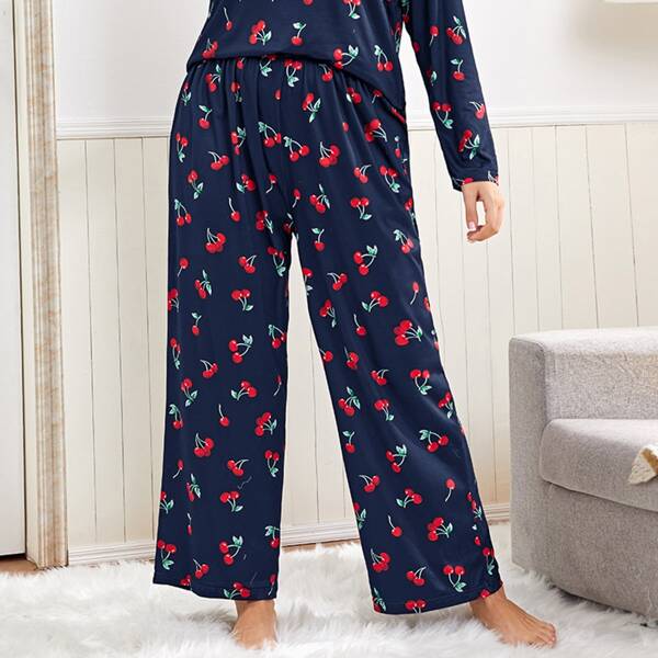 

Plus All Over Cherry Print Wide Leg Sleep Pants, Navy blue