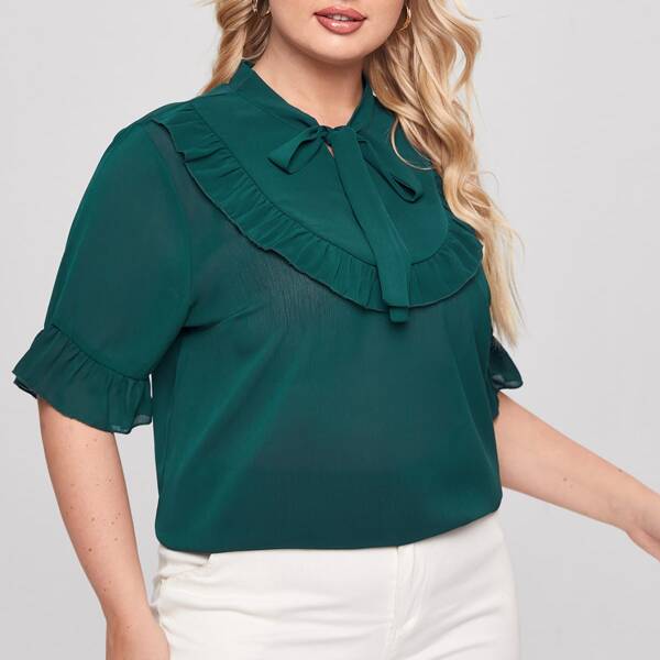 

Plus Tie Neck Ruffle Trim Blouse, Dark green