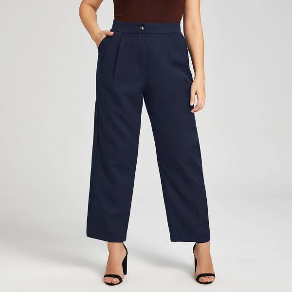 

Plus Button Waist Straight Leg Pants, Navy blue