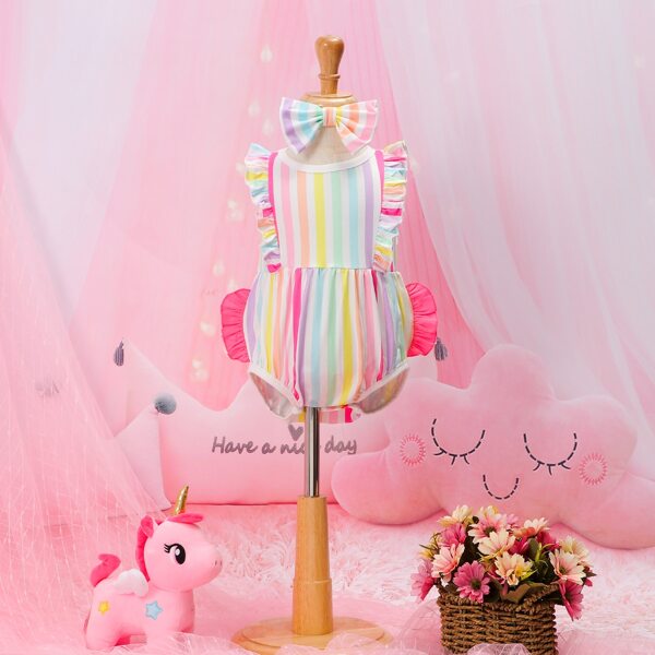 

Baby Girl Rainbow Striped Ruffle Trim Bodysuit & Headband, Multicolor