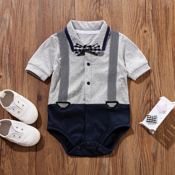 

Baby Boy Bow Front Gingham Straps Bodysuit, Multicolor