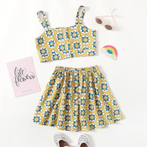 

Girls Floral Print Button Front Cami Crop Top & Skirt Set, Multicolor