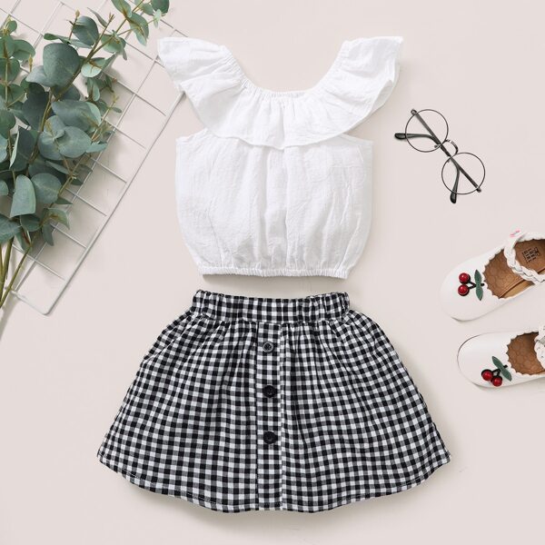 

Baby Girl Ruffle Trim Top & Gingham Skirt, Black and white