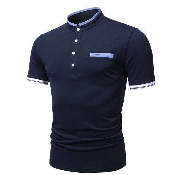 

Men Contrast Binding Half Button Polo Shirt, Navy blue