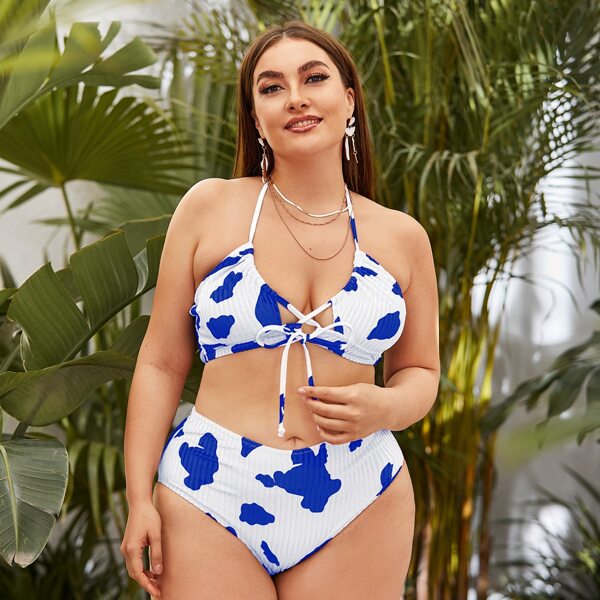

Plus Cow Pattern Rib Halter Bikini Swimsuit, Blue and white