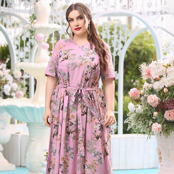 

Plus Floral Print Belted Maxi Dress, Dusty pink
