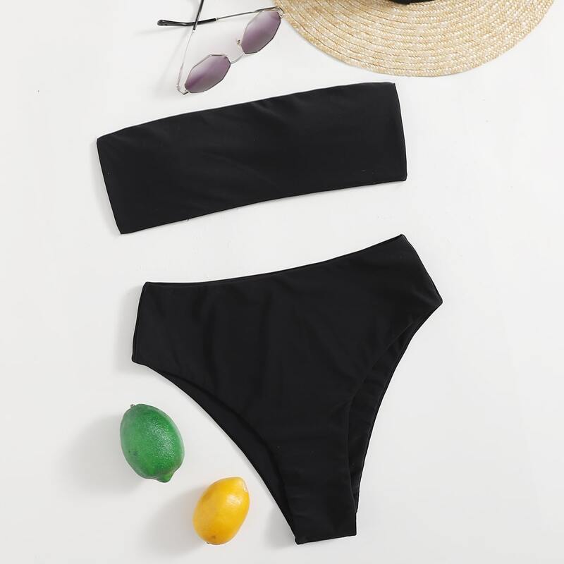 

Solid High Waist Bikini Swimsuit, Black