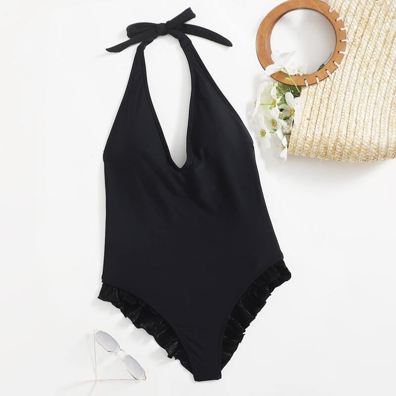 

Frill Trim Halter One Piece Swimsuit, Black