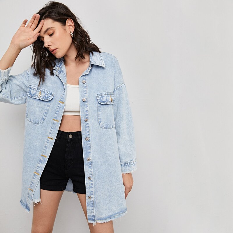 

Raw Hem Flap Pocket Longline Denim Jacket, Light wash