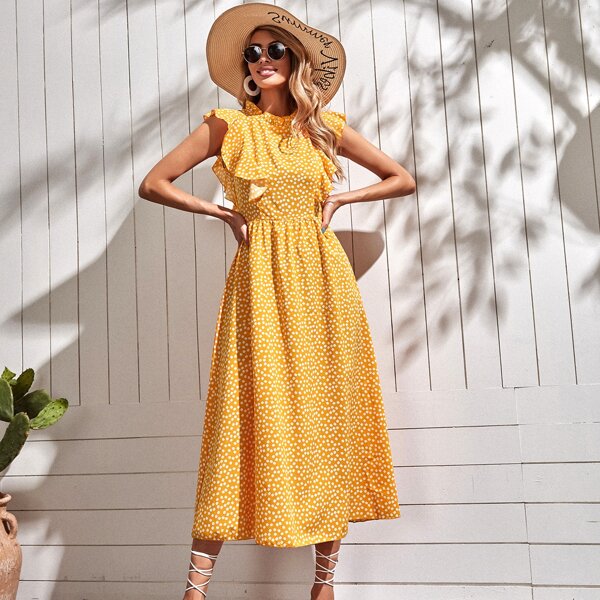 

Ditsy Floral Ruffle Trim A-Line Dress, Mustard yellow
