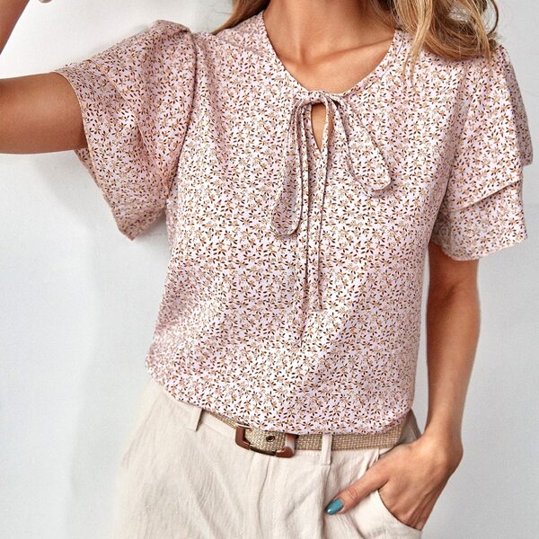 

Ditsy Floral Tie Neck Butterfly Sleeve Blouse, Multicolor