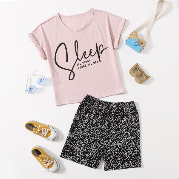 

Girls Slogan Graphic Tee & Heart Print Shorts, Multicolor