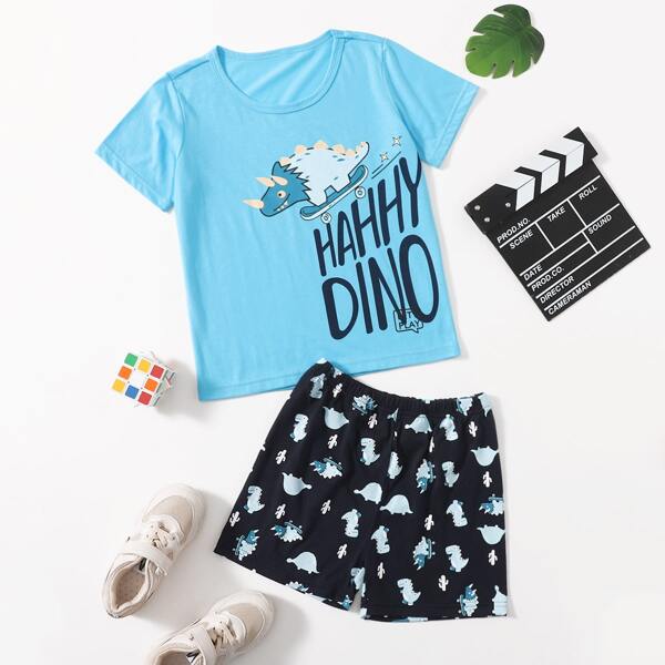 

Boys Letter & Cartoon Graphic Tee & Shorts, Blue
