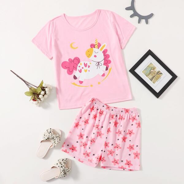 

Toddler Girls Unicorn Print Tee & Shorts, Baby pink