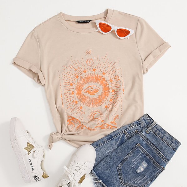 

Graphic Print Short Sleeve Tee, Apricot
