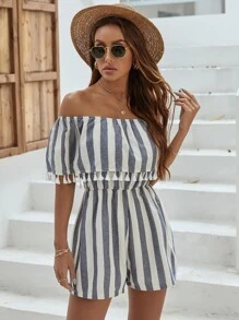 SHEIN Unity Striped Fringe Trim Bardot Romper - Multicolor - View 1