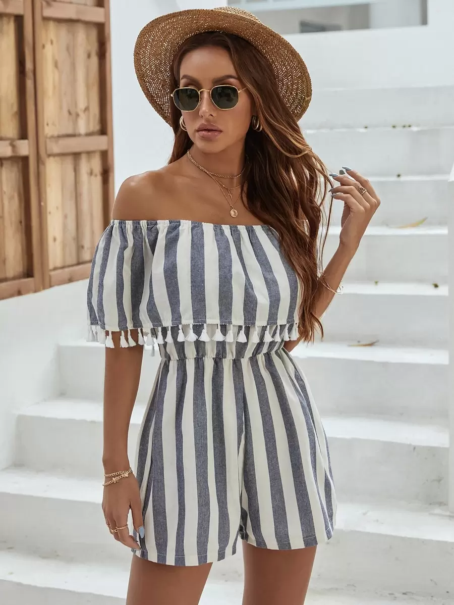 SHEIN Unity Striped Fringe Trim Bardot Romper - Multicolor - View 1