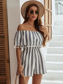 SHEIN Unity Striped Fringe Trim Bardot Romper - Multicolor - View 4