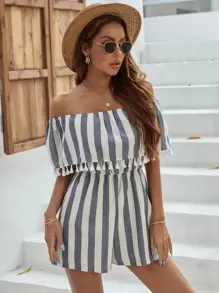 SHEIN Unity Striped Fringe Trim Bardot Romper - Multicolor - View 6