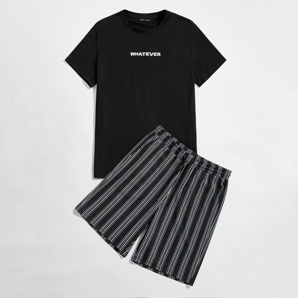 

Men Letter Graphic Tee & Striped Shorts Set, Black