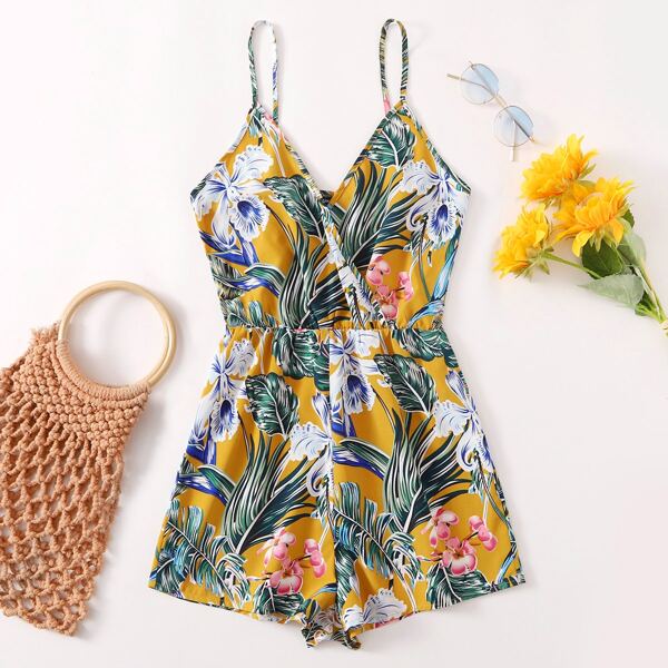 

Surplice Neck Tropical Print Cami Romper, Multicolor