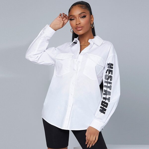 

Collared Flap Pocket Front Letter Graphic Blouse, White
