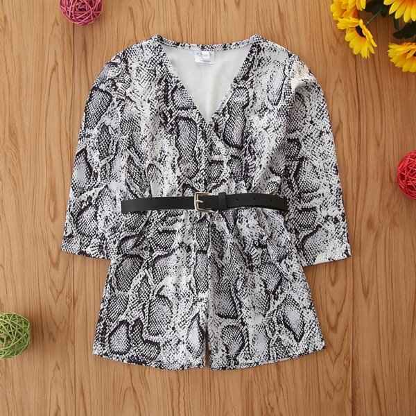 

Toddler Girls Snakeskin Print Belted Romper, Multicolor