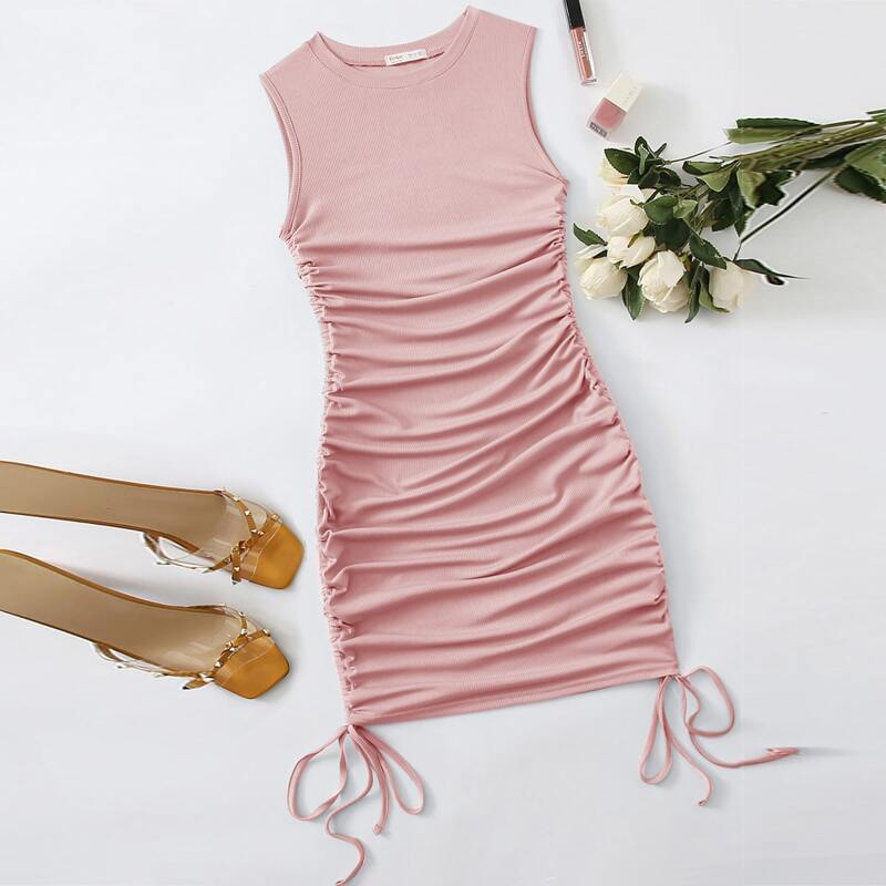 

Solid Drawstring Side Ruched Dress, Pink