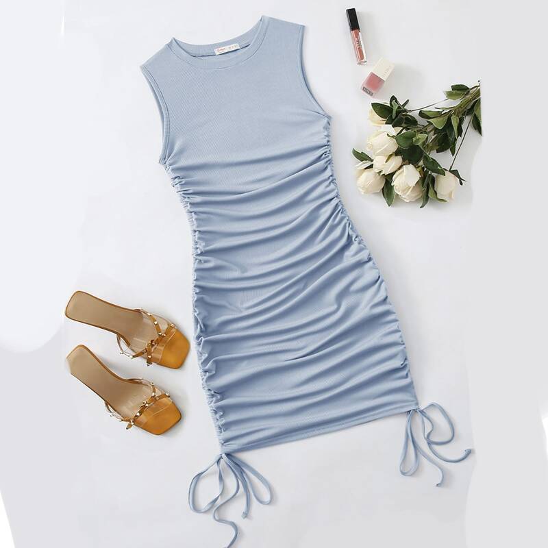 

Solid Drawstring Side Ruched Dress, Blue