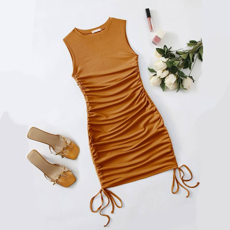 

Solid Drawstring Side Ruched Dress, Coffee brown