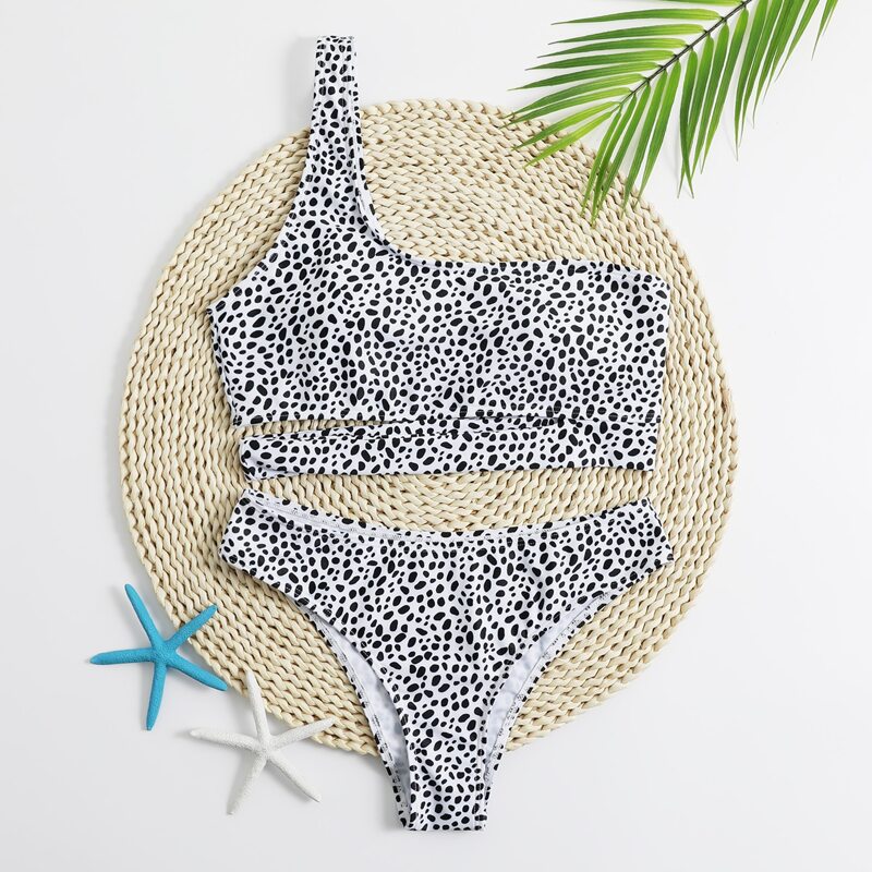 

Dalmatian Cut-out One Shoulder Bikini Swimsuit, Black and white