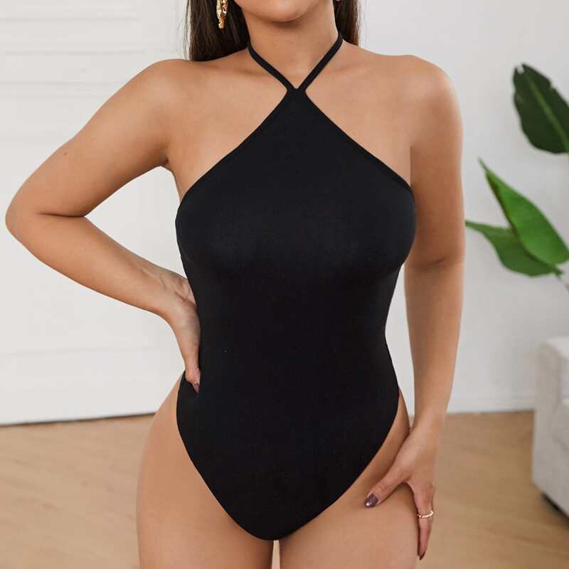 

Solid Skinny Halter Bodysuit, Black