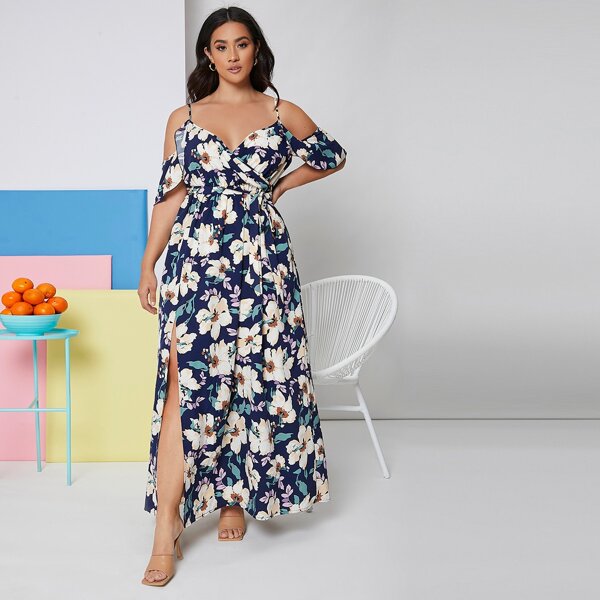 

Plus Allover Floral Print Cold Shoulder Split Thigh Belted Dress, Multicolor